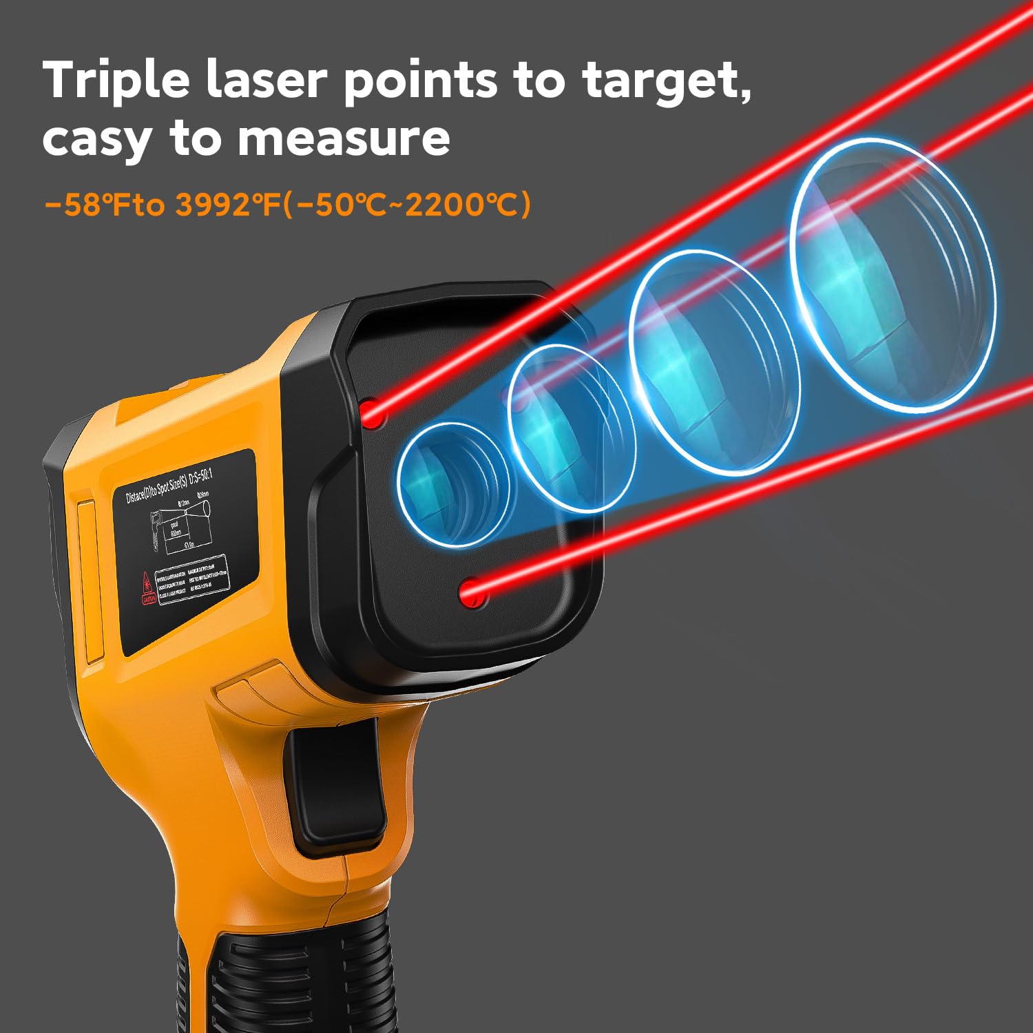-58°F to 3992°F High-Temp Temperature Gun, Industrial IR Thermometer Gun High Precision Triple Laser Non-Contact Pyrometer Termometer for Furnace, Kiln, Forge, Furnace, Engine, HVAC