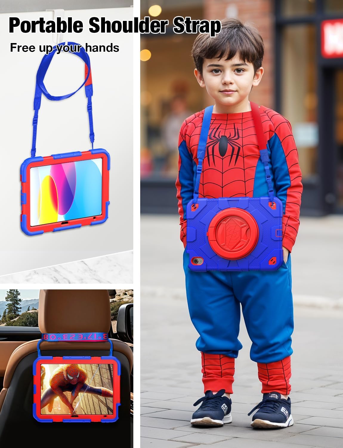 SCSVPN for iPad (A16) 11th/10th Generation Case 11 inch 2025/10.9 inch 2022, Rugged Shockproof Protective Silicone Case for Kids with Pencil Holder, Rotate Stand & Handle, Shoulder Strap - Blue/Red