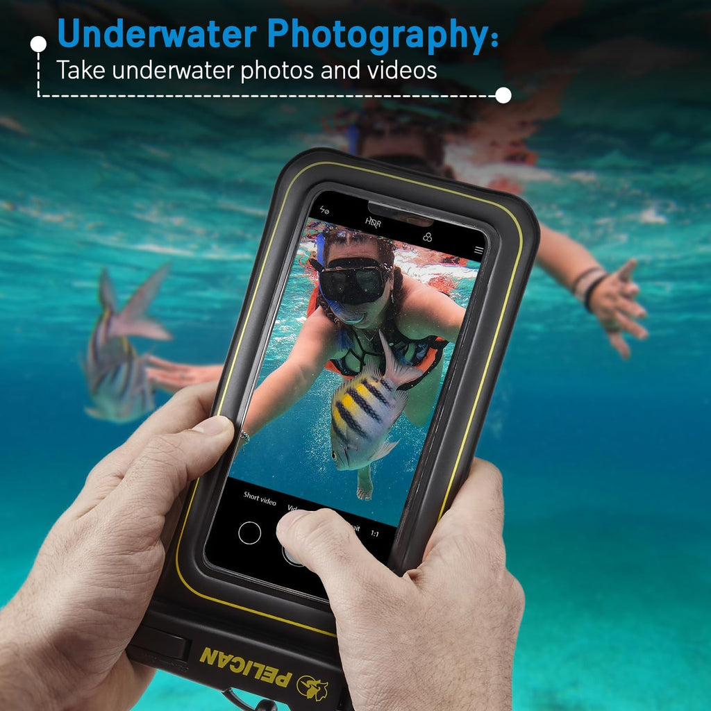 Pelican 2 Pack Marine - IP68 Waterproof Phone Pouch (Regular Size) Floating Waterproof Phone Case - Beach Cruise Ship Travel Essentials - Works w/All Phones - Detachable Lanyard - Black/Hi-Vis Yellow