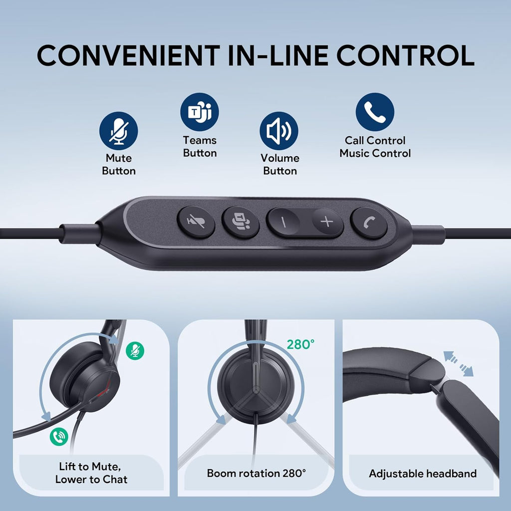 Yealink UH44 Teams Certified USB Wired Headset with 2 Noise Cancelling Mics,Stereo Sound for PC,Laptop,Teams,Zoom,Call Center,Home Office,Inline Controls,Comfort Ear Cushions,USB-C/A,Busylight-Black