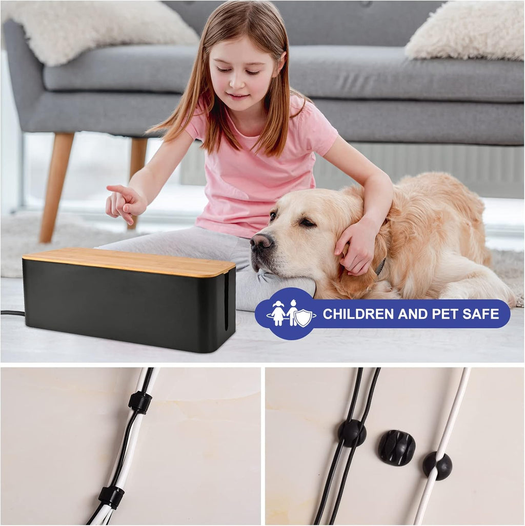 Cable Management Box - Wooden Style Large Cord Organizer to Hide Wires & Power Strips | Desk Computer Cable Organizer | Safe ABS Material | 16" (L) x 6.2" (W) 5.3" (H) | for Home & Office - Black