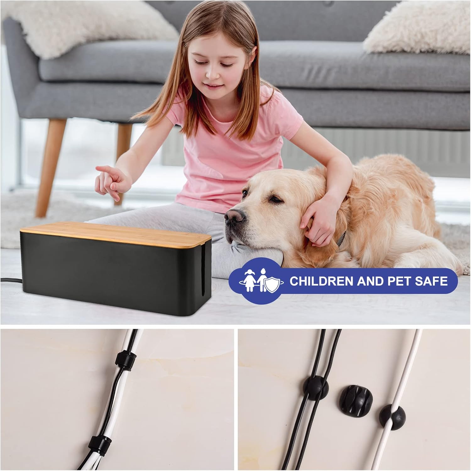 Cable Management Box - Wooden Style Cord Organizer Box to Hide Wires & Power Strips | Desk Computer Cable Organizer Box | Safe ABS Material | 12.6" (L) x 5.3" (W) 4.9" (H) | for Home & Office - Black