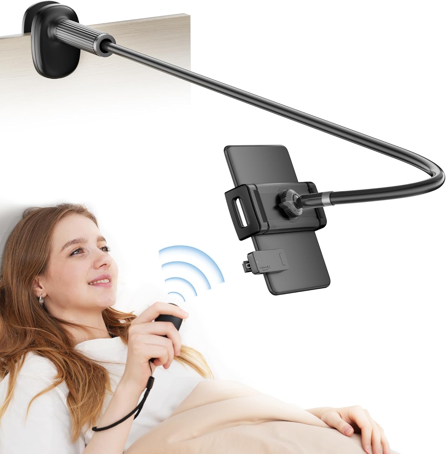 Gooseneck Kindle Holder with Remote Page Turner for Reading in Bed,Tablet Mount Holder for Desk,Flexible Long Arm for Tablets iPhones Kindle Accessories