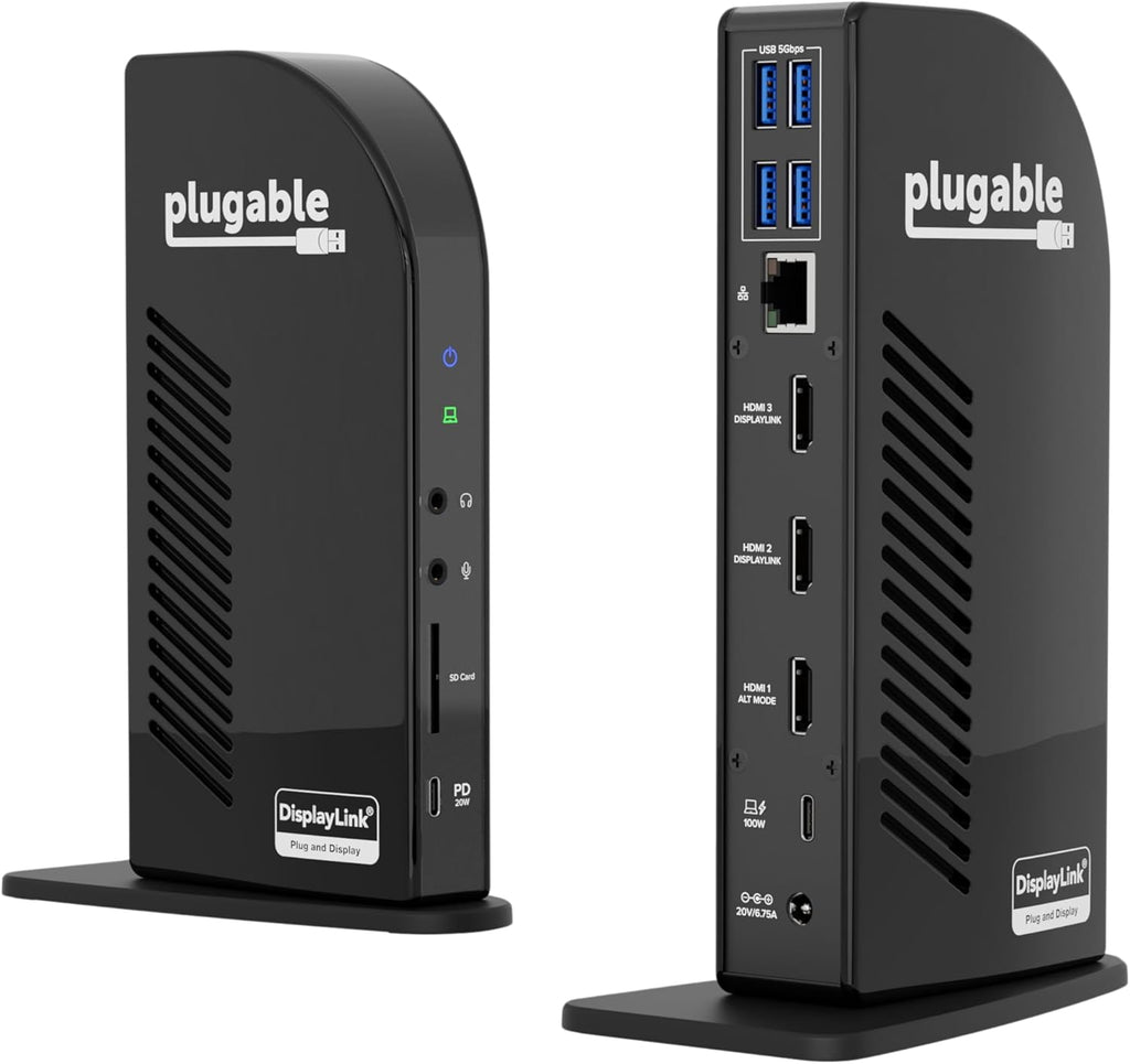 Plugable USB-C Triple Monitor Docking Station: 13-in-1 Laptop Dock with 100W Charging for Mac (DisplayLink Driver Required), Windows, Chrome, 3 HDMI, Gigabit Ethernet, SD, USB-C 20W, 4 USB - UD-ULTCDL