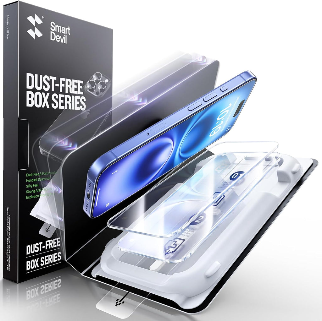 SMARTDEVIL 3 Pack Screen Protector for iPhone 16, Bubble-and-Dust-Free Box, HD Tempered Glass, Military Grade Shatterproof & Ultra Durable, Easy Installation