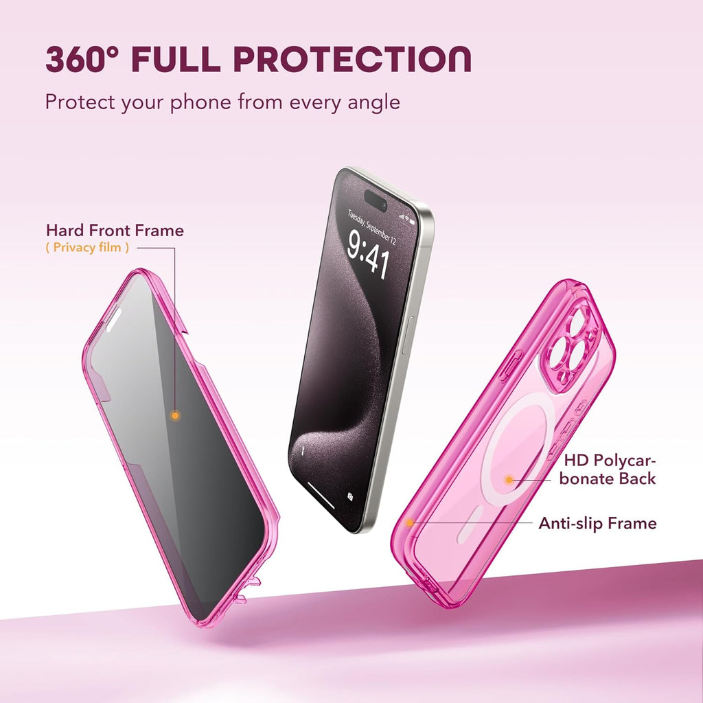 Magnetic for iPhone 15 Pro Case, Compatible with MagSafe, Built-in Privacy Screen Protector and Camera Protection, Anti Spy Full Body Dustproof Shockproof Hard Phone Case 6.1", Bright Pink