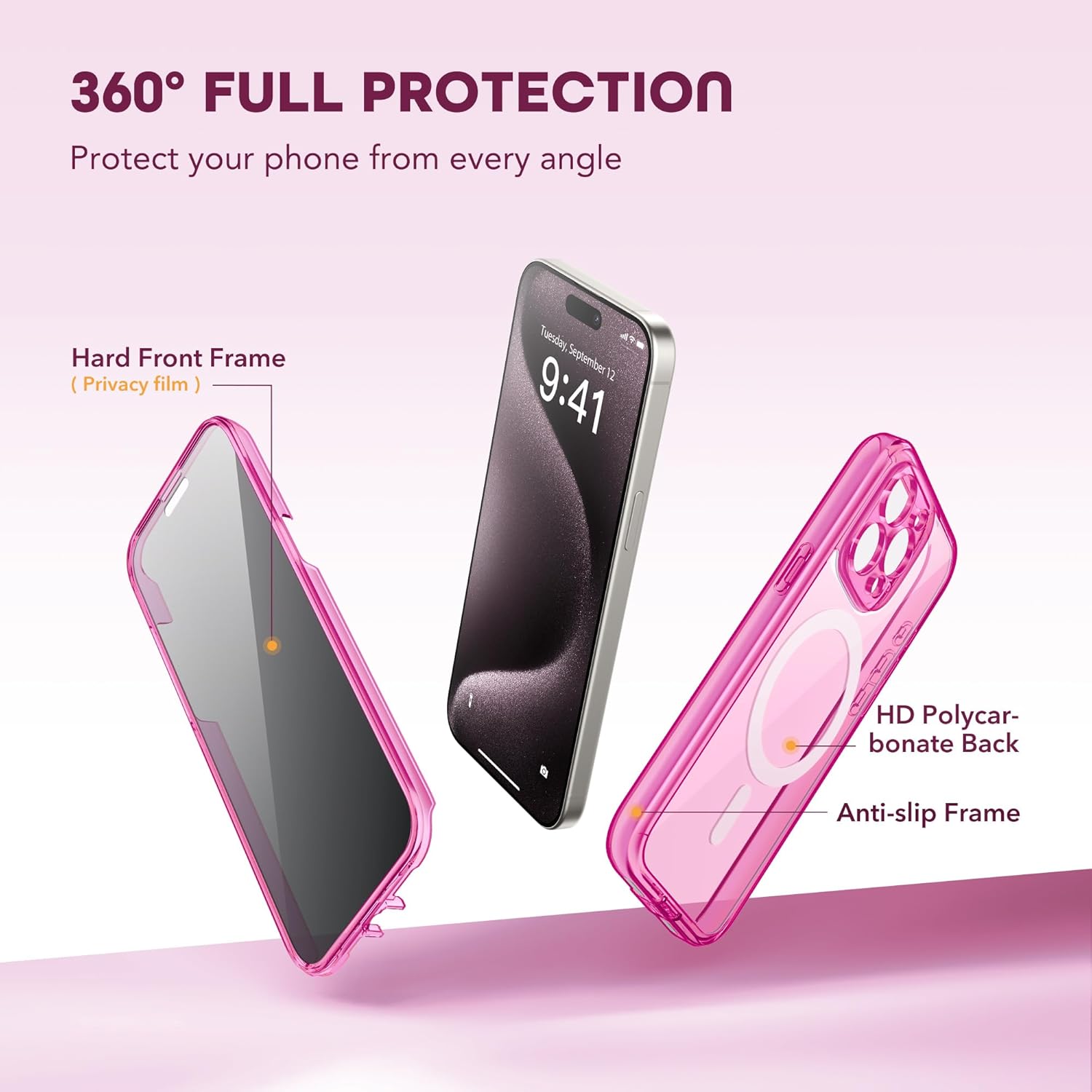 Magnetic for iPhone 15 Pro Case, Compatible with MagSafe, Built-in Privacy Screen Protector and Camera Protection, Anti Spy Full Body Dustproof Shockproof Hard Phone Case 6.1", Bright Pink