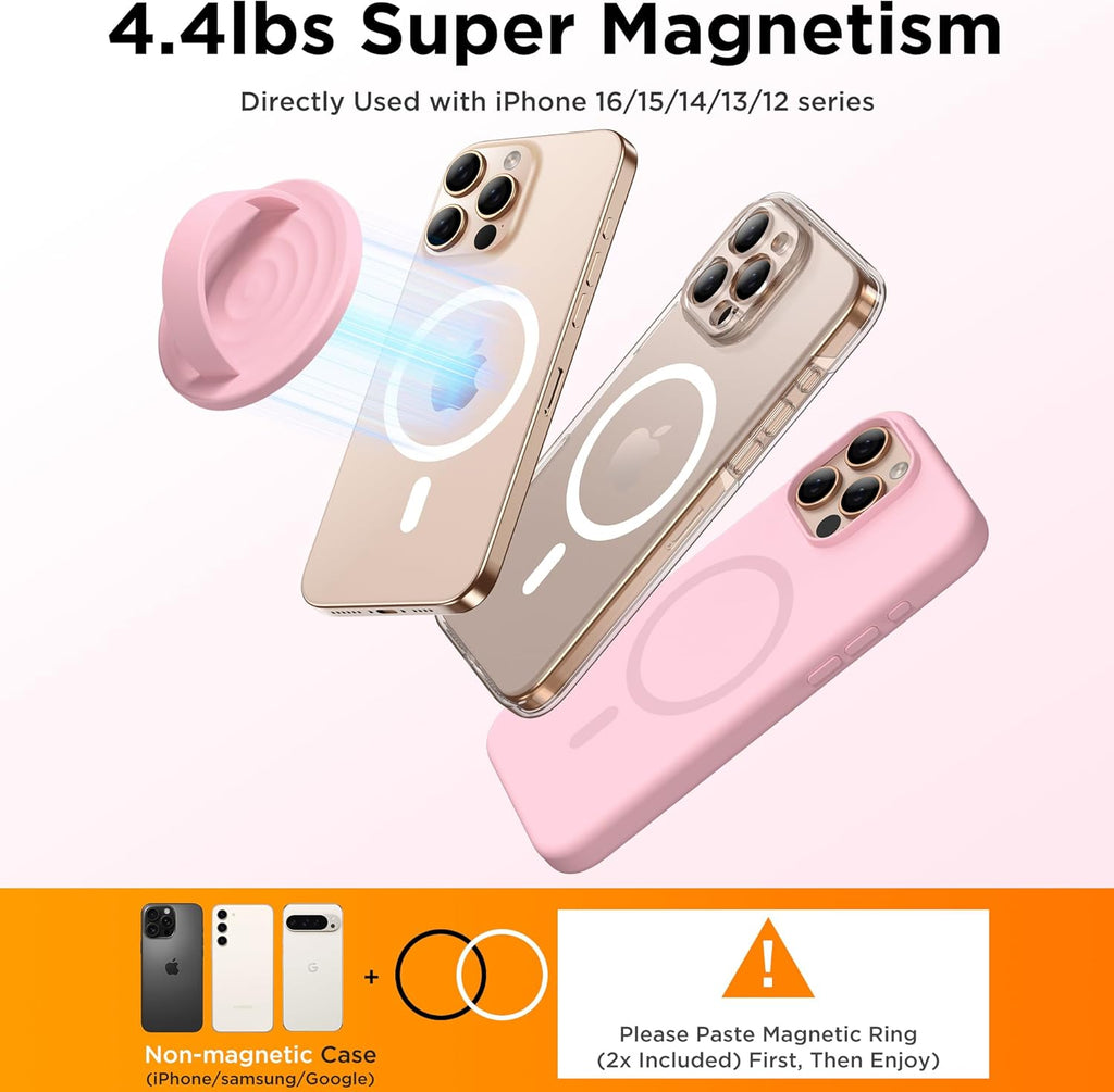 Magnetic Phone Ring Grip Holder, Silicone Finger Loop Grip, Compatible with MasSafe, Back of Phone for iPhone Pro Max/Plus/16/15/15/14/13/12 Series, Pink