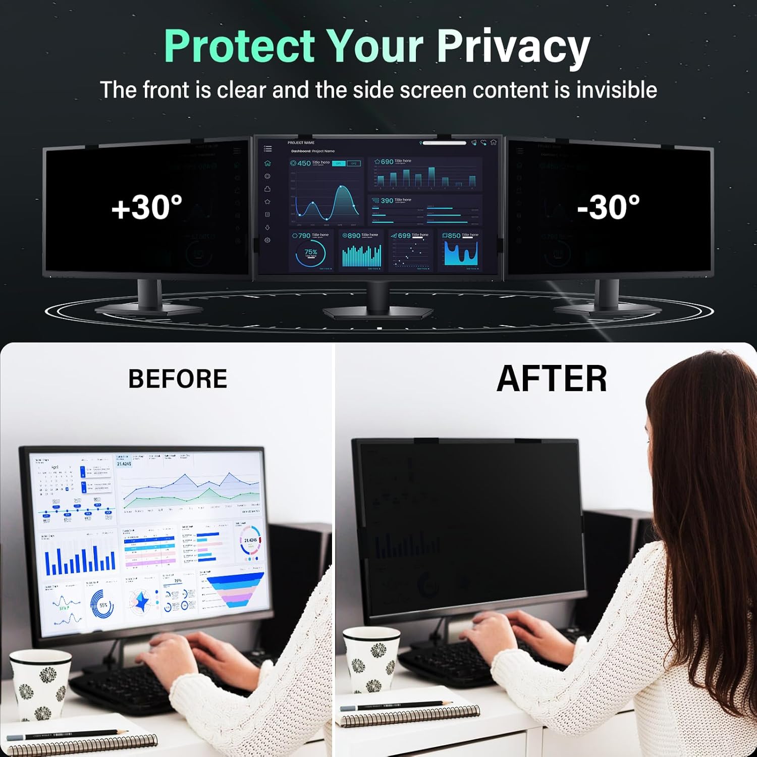 [2 Pack] Magnetic 24 Inch Computer Privacy Screen for 16:9 Aspect Ratio Widescreen Monitor, Hanging Eye Protection Anti Glare Blue Light Computer Monitor Privacy Filter, Removable 24 in Protector Film