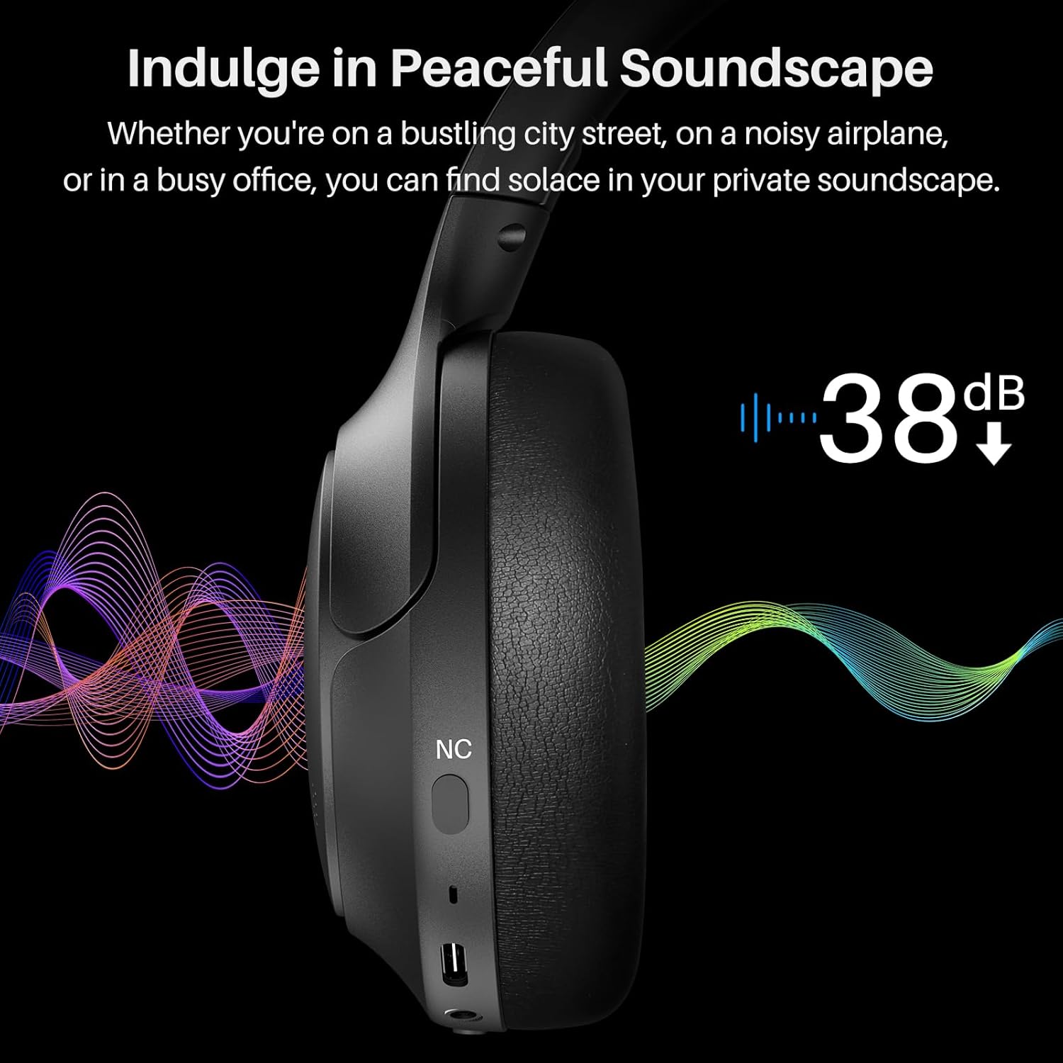 TOZO HT2 Hybrid Active Noise Cancelling Headphones, Wireless Over Ear Bluetooth Headset, 60H Playtime, Hi-Res Audio Custom EQ via App Deep Bass Comfort Fit Ear Cups, for Home Office Travel Black