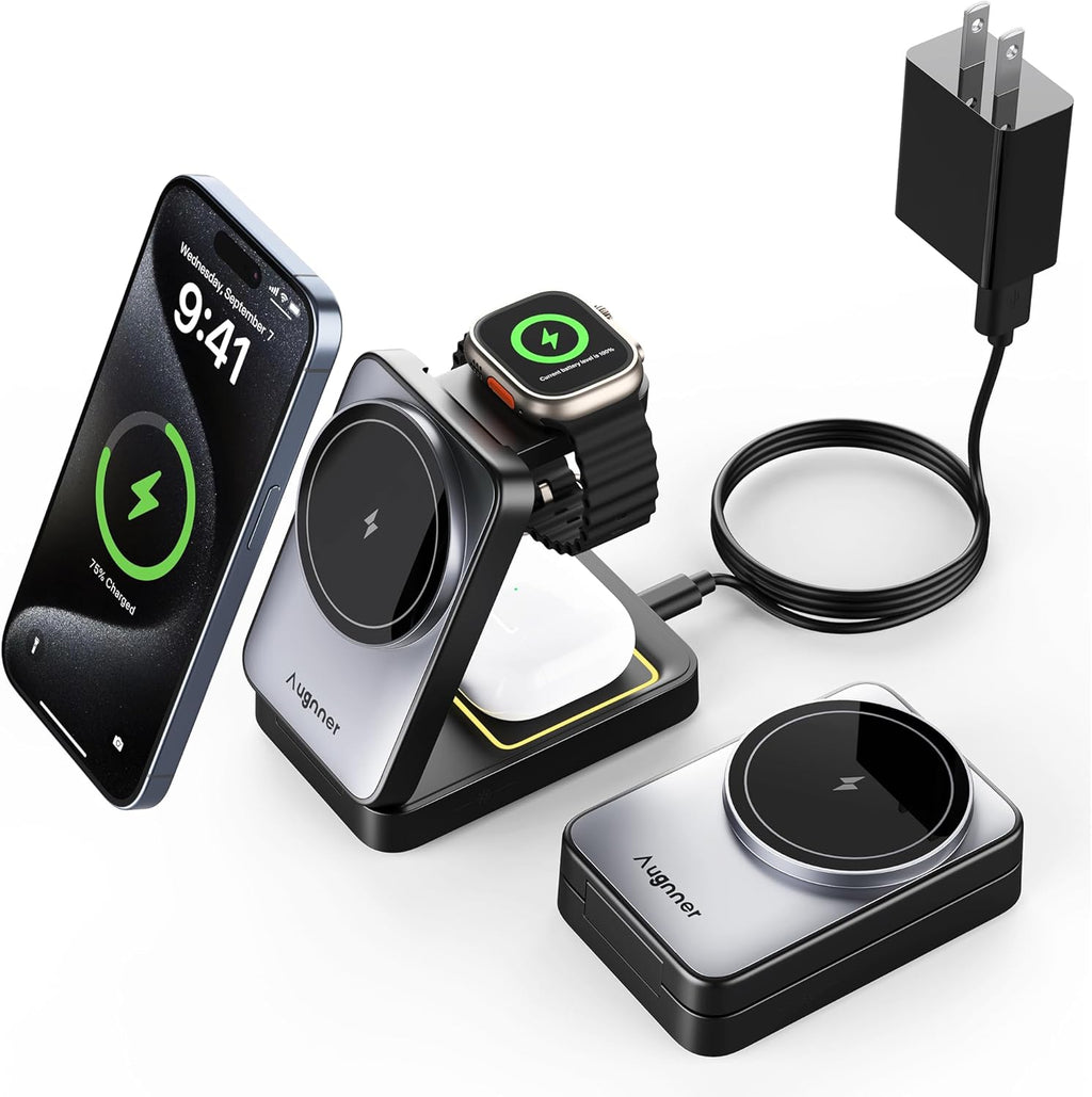 3 in 1 Charging Station for Multiple Devices Apple Compatible with Magsafe Charger Stand, 15W Foldable Cube Wireless Charger for 16/15/14/13/12 Series, Apple Watch, Airpod