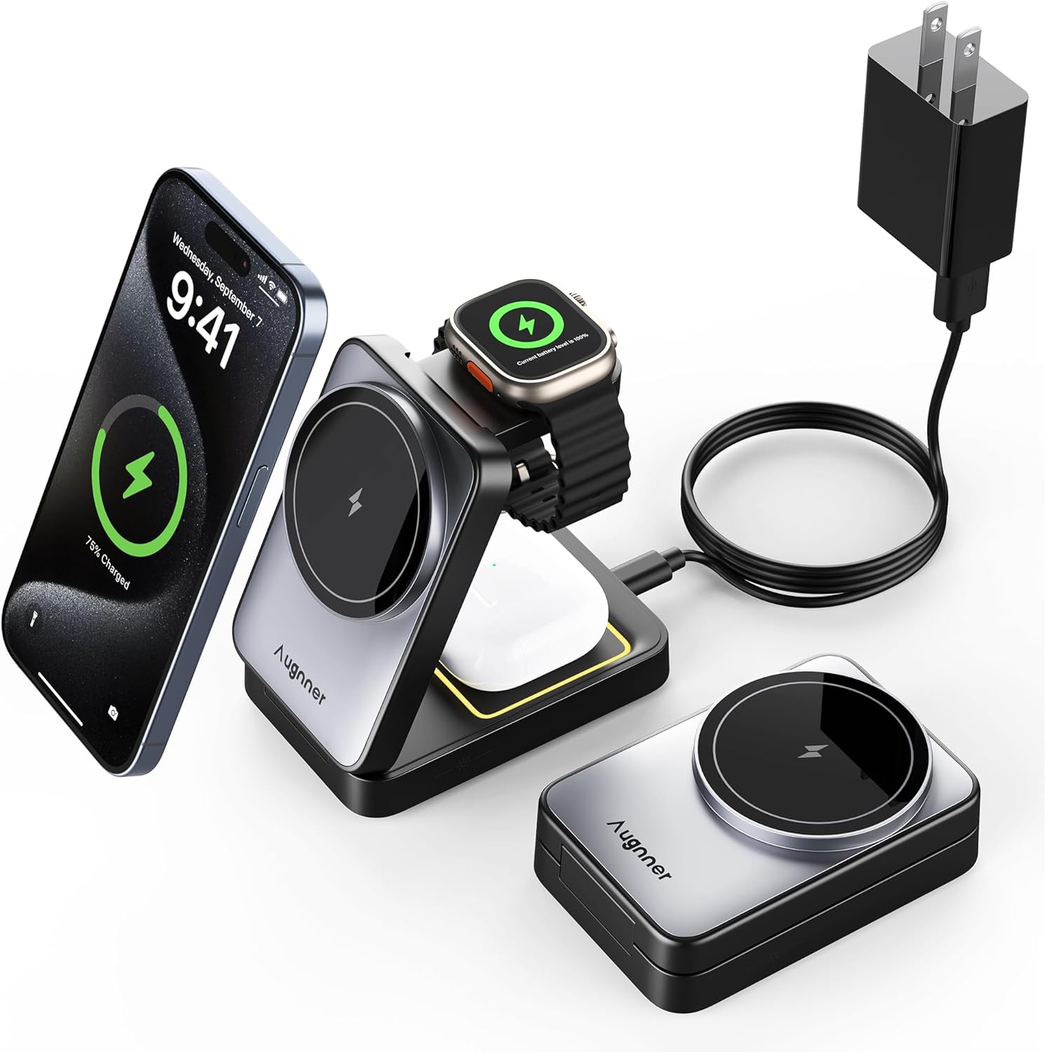 3 in 1 Charging Station for Multiple Devices Apple Compatible with Magsafe Charger Stand, 15W Foldable Cube Wireless Charger for 16/15/14/13/12 Series, Apple Watch, Airpod