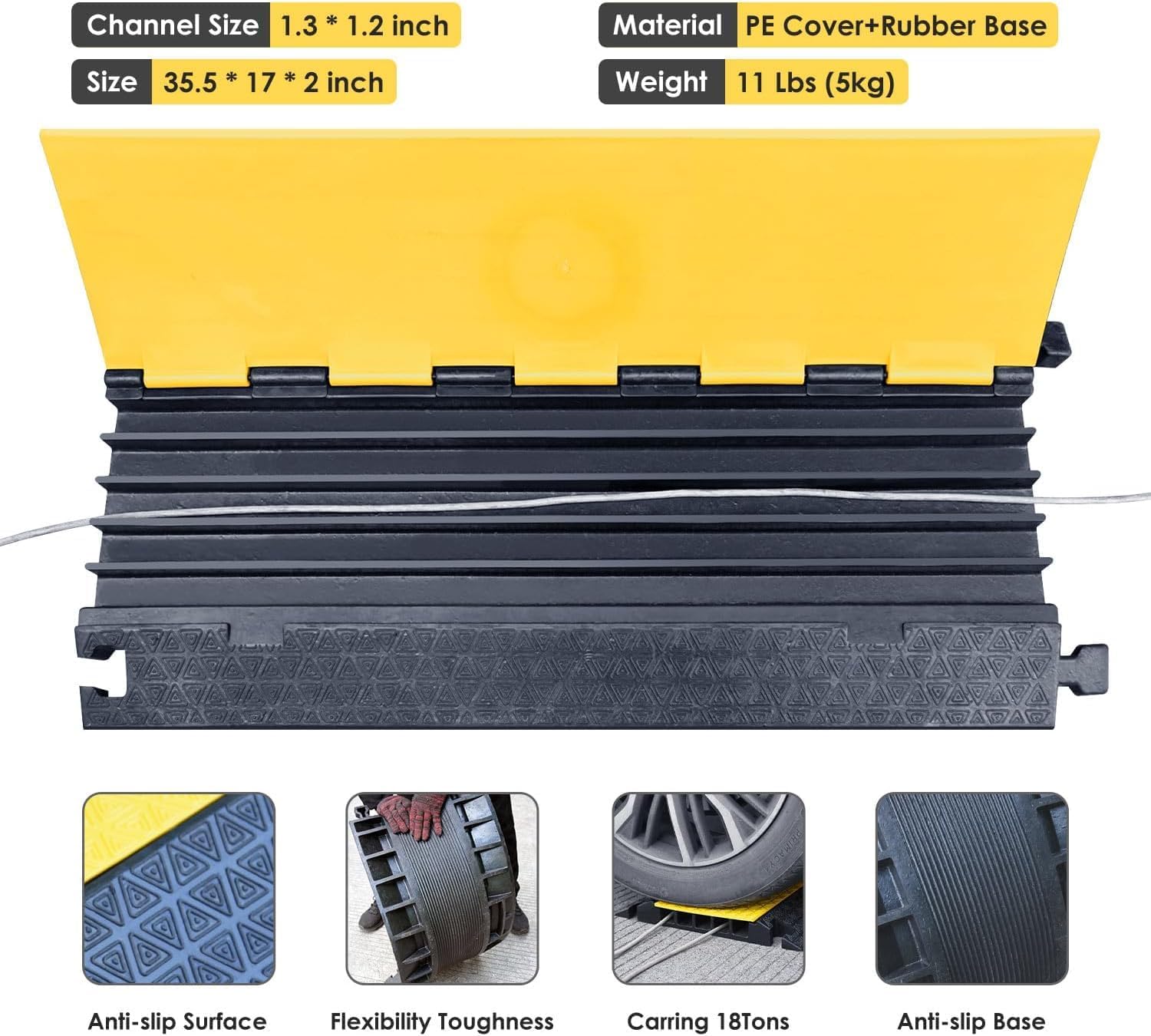 OrangeStar 2-Pack Rubber Cable Protector Ramp Heavy Duty 5-Channel Wire Cord Cover Ramps 18 Tons Load Capacity Traffic Speed Bumps for Driveway