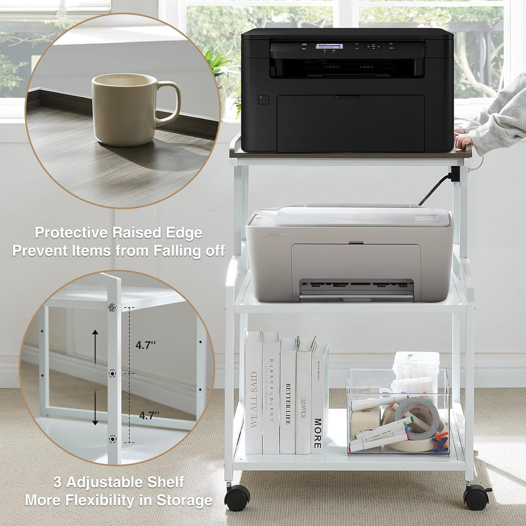 Lauren&Harold 34'' Printer Stand with Power Outlets & USB Ports, 3-Tier Adjustable Rolling Cart, Heavy Duty 150LBS Storage Table with Wheels for Office, Kitchen, Living Room, White