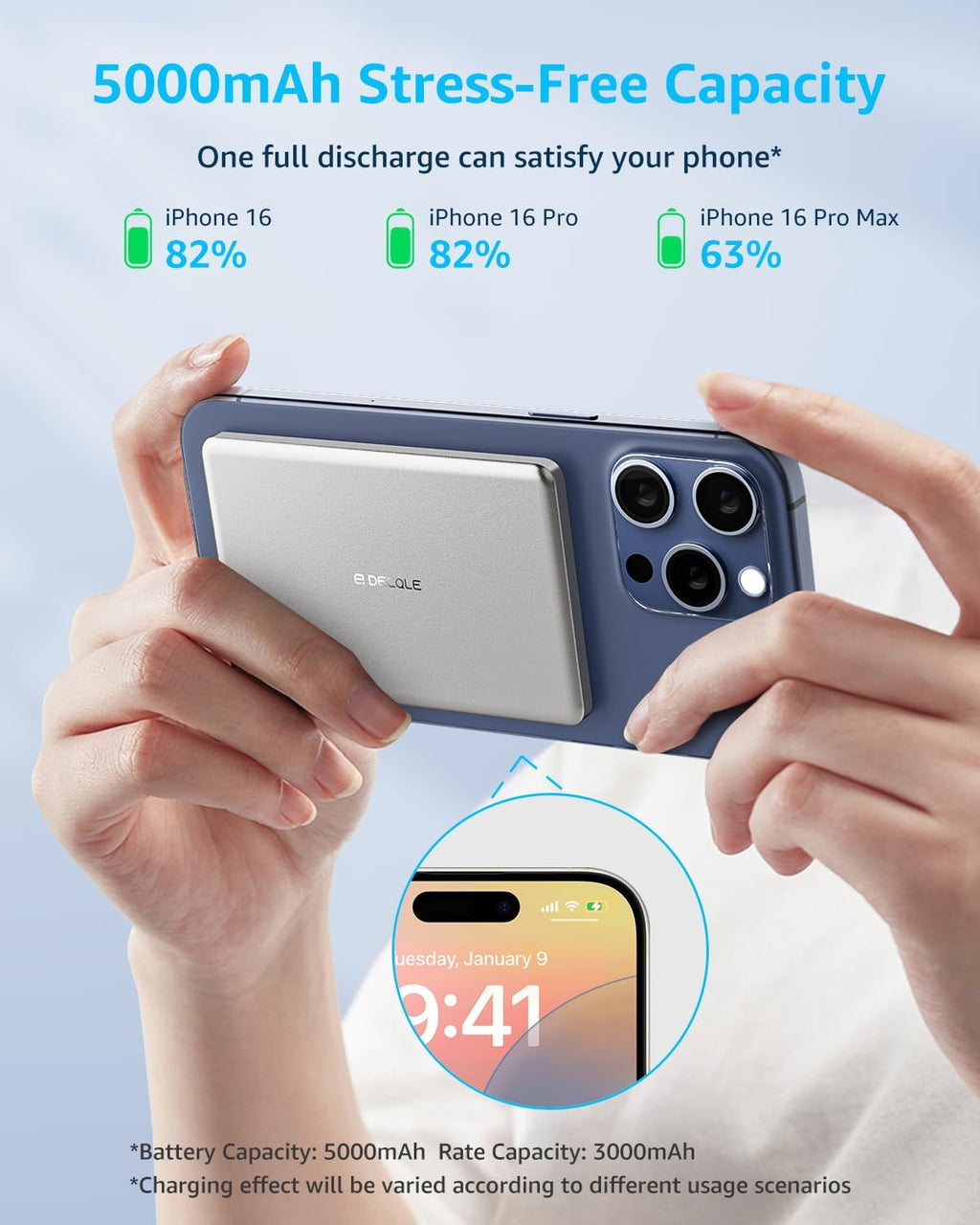 “Air” Power Bank for MagSafe 5000mAh, Ultra Slim Magnetic Wireless Portable Battery Charger Case with USB-C Cable, Compatible with iPhone 17/16/15/14/13/12 Series Only (Sliver)