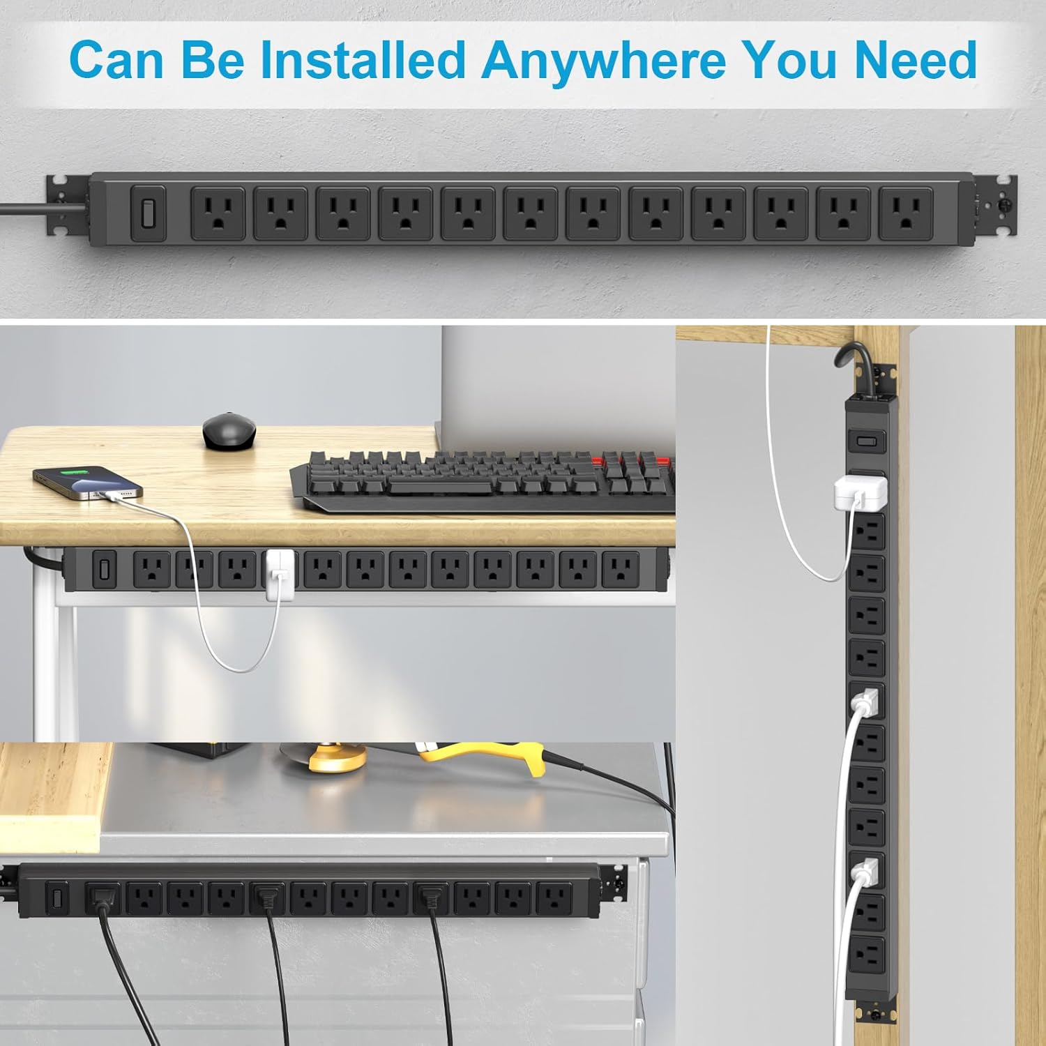 HHSOET 360° Rotating 12 Outlet Mountable Power Strip, Aluminum Alloy Power Strip Extension Cord, Heavy Duty Wall Mount Surge Protector with Switch, Works Great and Very Versatile, 6ft Power Cord.Black