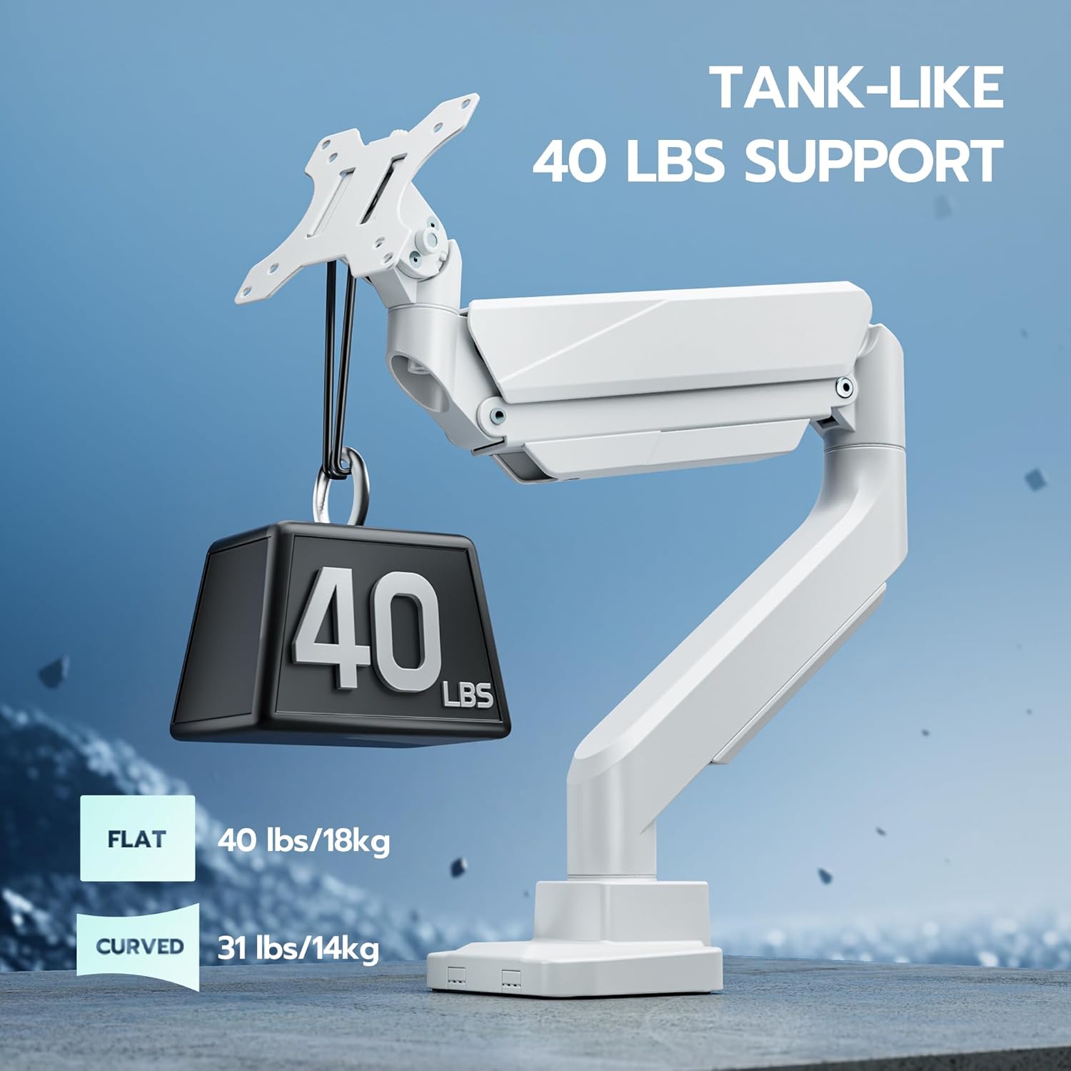 ARES WING Ultrawide Single Monitor Arm, Heavy Duty Monitor Mount for 13"-45" Curved Screens, Adjustable Stand for Desk with C-clamp & Grommet Base up to 40 LBS, White