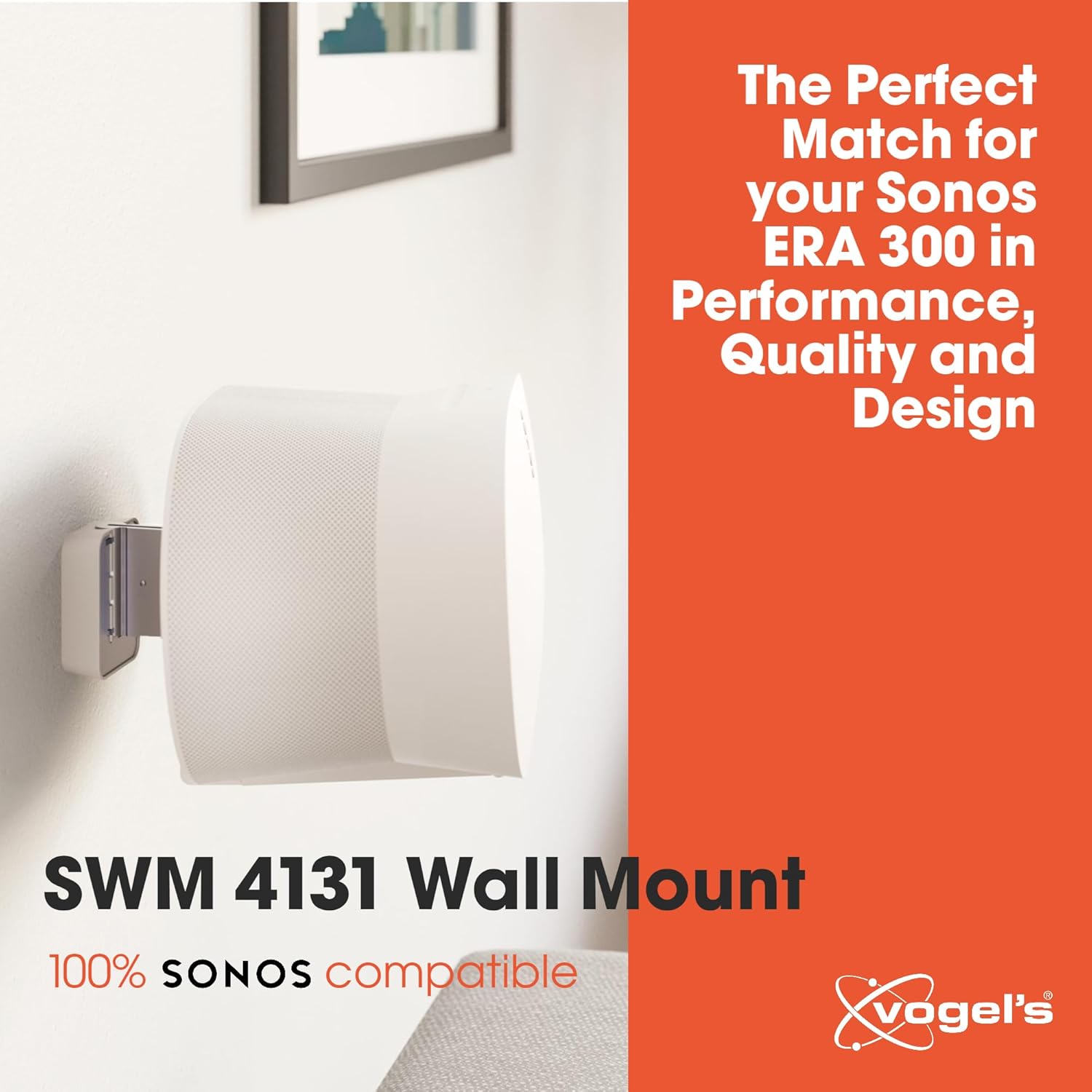 Vogel's SWM 4131 Speaker Wall Bracket for Sonos ERA 300, Max. 11 lbs (5 kg), Tiltable -30º/+30º, Swivels up to 60º (Left/Right), White, 1 Bracket