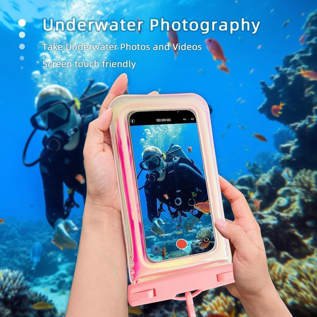 Floatable Waterproof Phone Pouch Case 2 Pax for iPhone 16 Pro Max/15/14/13/12, IP68 Travel Cellphone Dry Bag Beach Cruise Ship Essentials Bags with Crossbody Lanyard, Iridescent Pink and Blue-7″