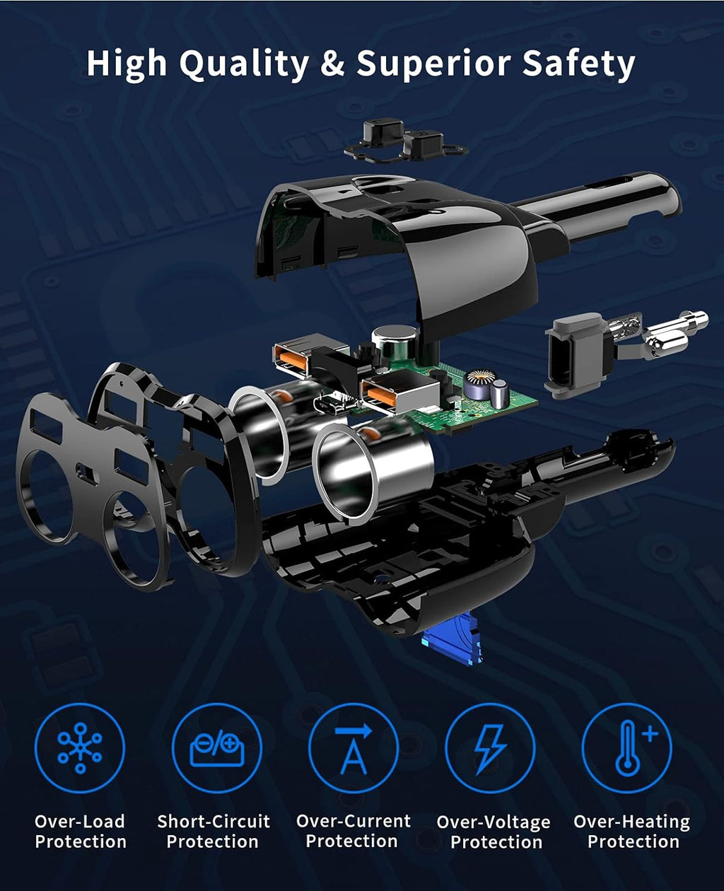 [2025 Upgraded] Cigarette Lighter Splitter, SUPERONE 180W 2-Socket Cigarette Lighter Adapter with Dual QC3.0 and 20W PD USB C Car Charger Splitter for GPS/Dash Cam/Laptop/iPad/iPhone 16/15/14/13/12/11