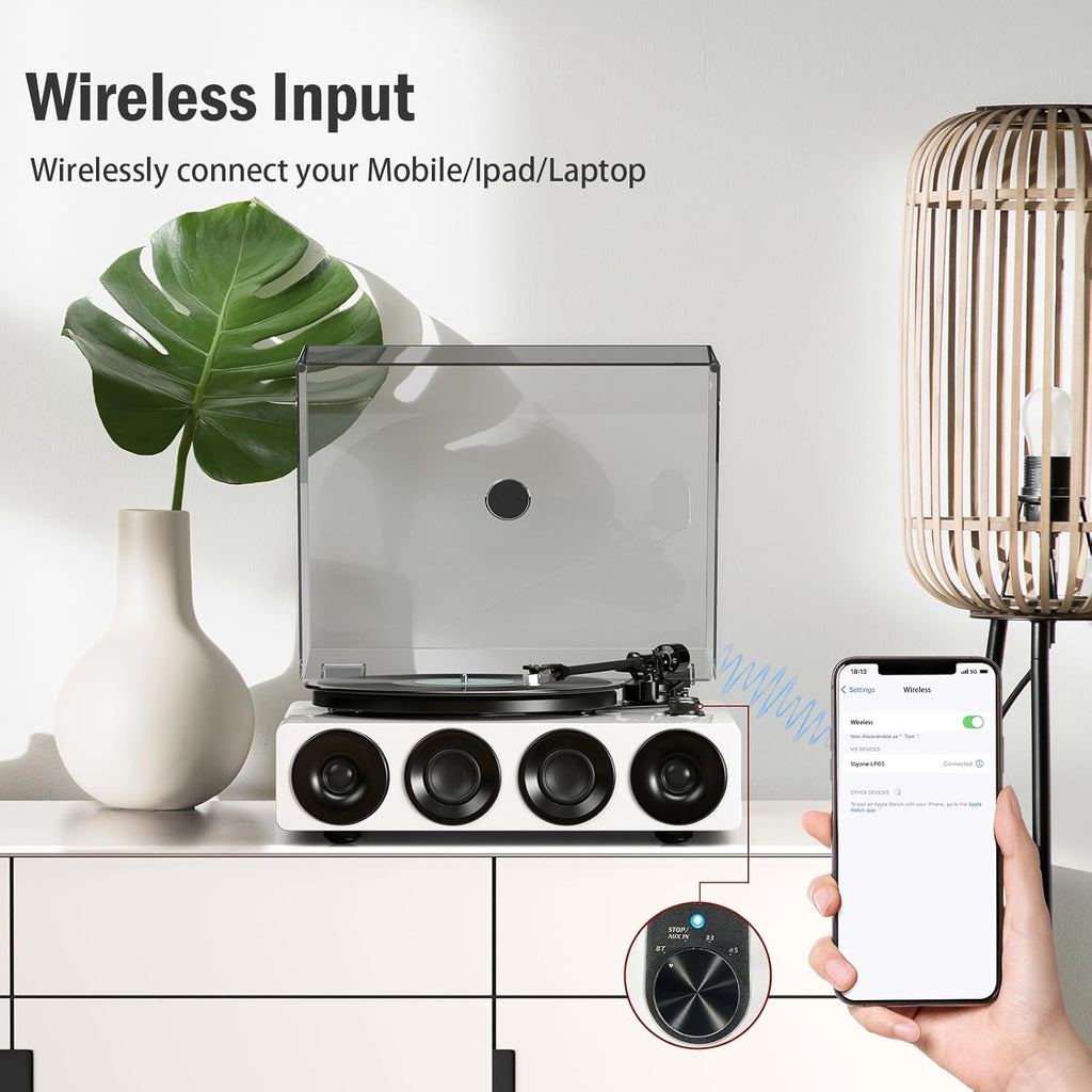 1 by ONE All-in-One Record Player with Wireless Input, High Fidelity Belt Drive Turntable with Built-in Speakers, Magnetic Cartridge AT-3600L, Built-in Preamp, Piano Lacquer White