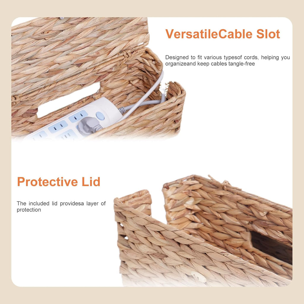 Cable Management Box, Cord Hider Organizer Box with Lid 2-Pack,2 Side Open Slots Handwoven Water Hyacinth Storage Box for Power Strips, Floor, Desk, Office