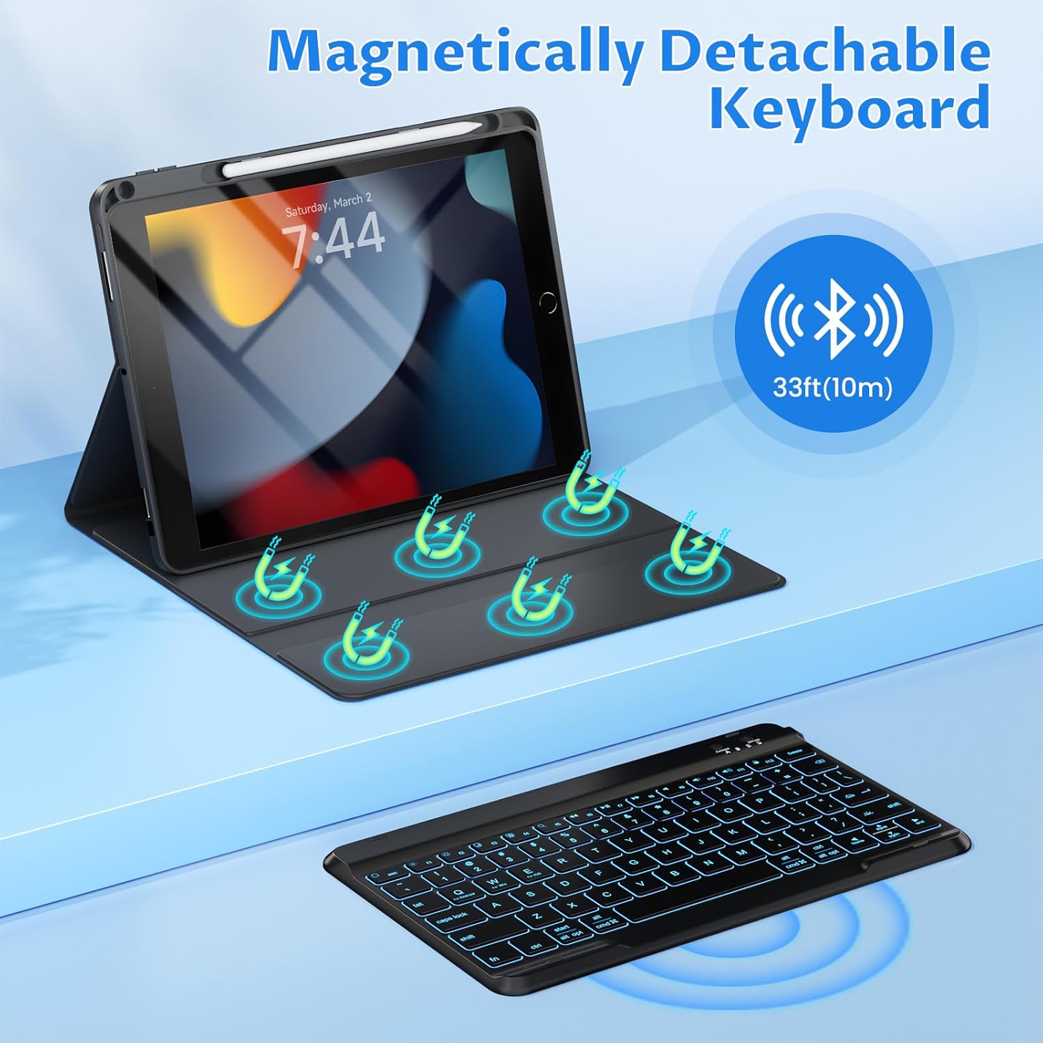 OYEEICE for iPad 9th Generation Case with Keyboard - Detachable Backlit Keyboard - Rotatable Cover with Pencil Holder for iPad 9th/8th/7th Gen, iPad Air 3rd Gen & iPad Pro 10.5" - Black