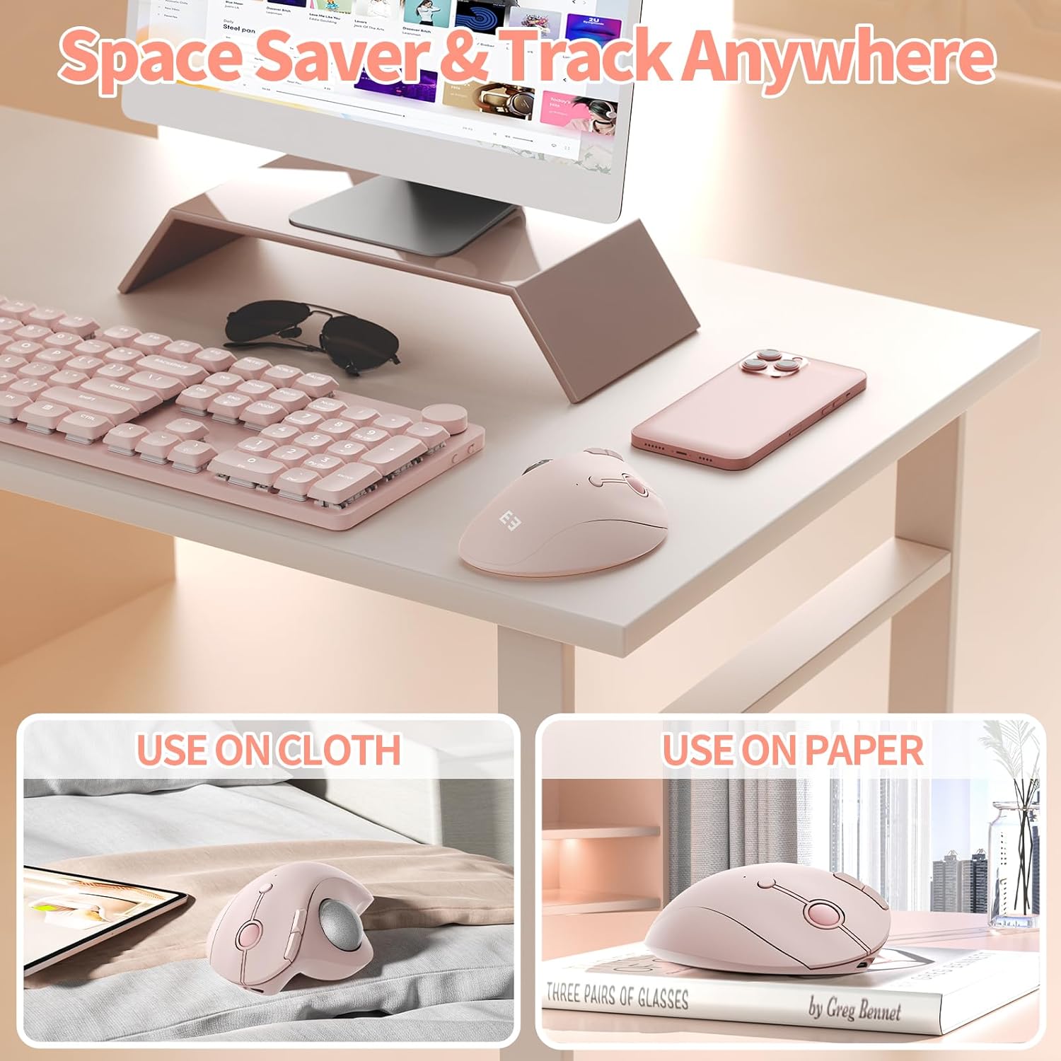 seenda Wireless Trackball Mouse, Bluetooth Ergonomic Rollerball Mouse, Rechargeable Multi Devices USB/Bluetooth Connection Thumb Control Compatible for Mac/Android/Windows Computers, Rose Pink