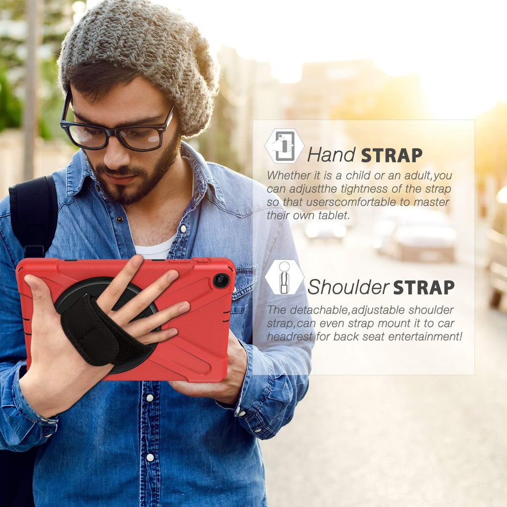 BRAECN Case for Samsung Galaxy Tab A 10.1 2019，Shockproof Protective Case with Carrying Shoulder Strap and Rotatable Kickstand/Handle Hand Strap for Galaxy Tab A 10.1 2019 SM-T510/SM-T515 -Red