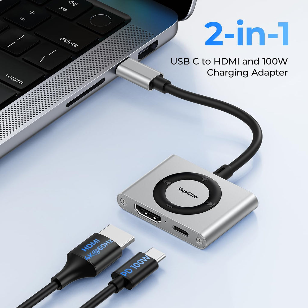 RayCue 2-in-1 USB C Hub, USB C to HDMI Adapter with HDMI 4K@60Hz & 100W PD Charging - Adapter for Laptop, MacBook, IPad (USB-C), iPhone 15/16, Tablets, Switch