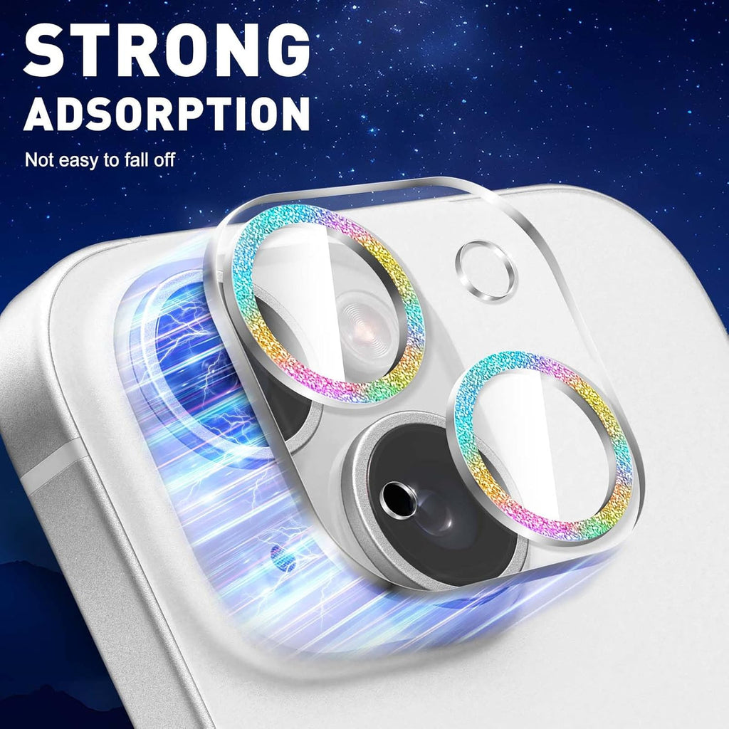 LucBuy 3PCS Sparkling Camera Lens Protector for iPhone 16/iPhone 16 Plus, Full Clear Acrylic Cover with Shiny Colorful Glitter Designed Decoration Back Camera Protector