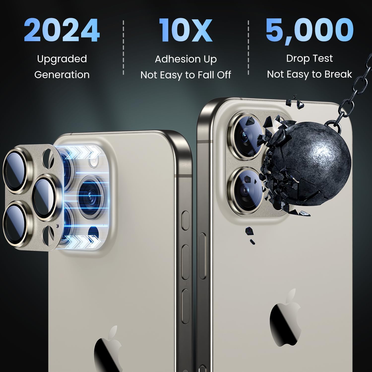Uyiton Compatible with iPhone 16 Pro/iPhone 16 Pro Max Camera Lens Protector - [Not Easy to Break][Strong Adsorption][Case-Friendly] Metal Tempered Glass Rear Camera Screen Cover - Natural Titanium