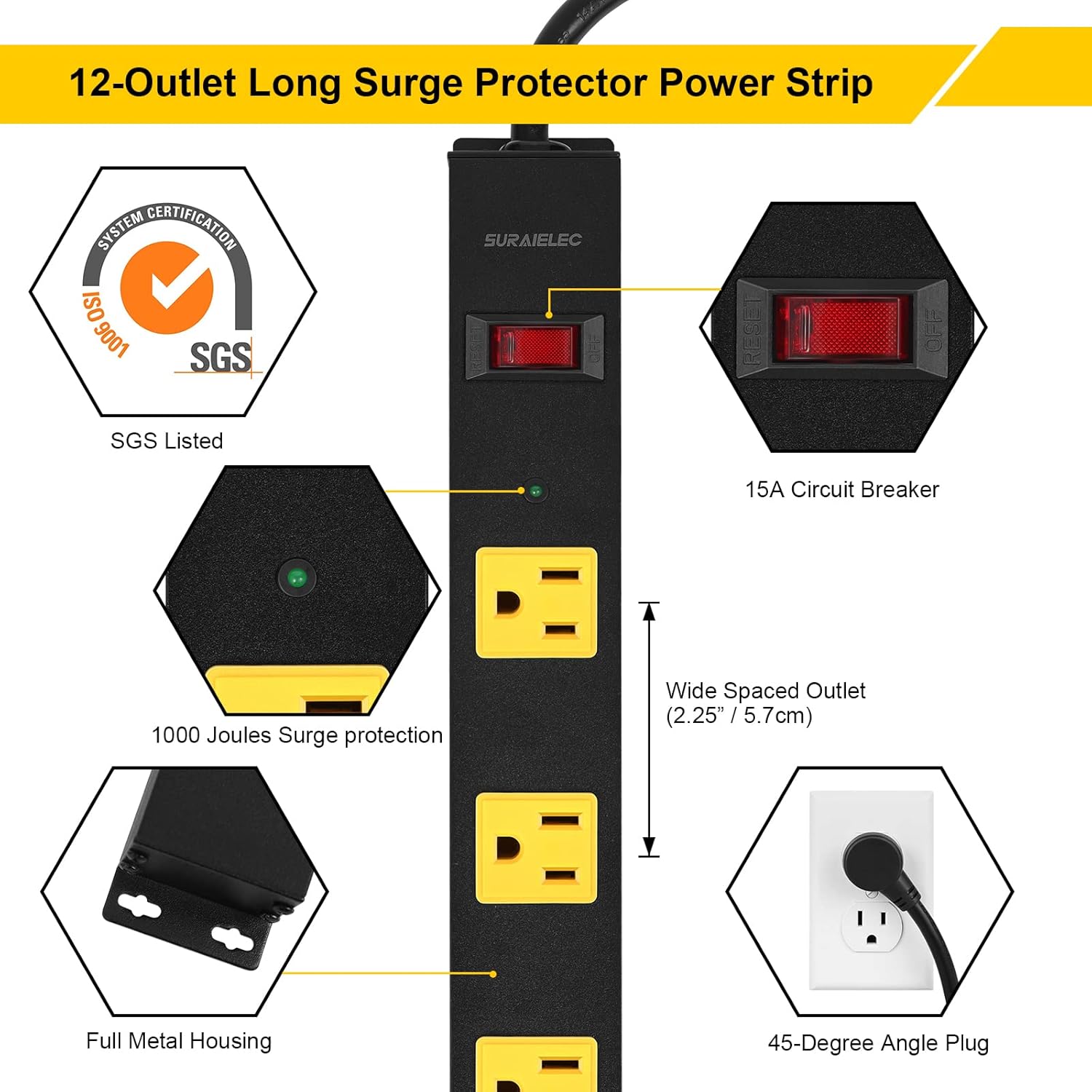 SURAIELEC 12 Outlet Long Metal Power Strip, 15FT Cord Surge Protector, Angled Flat Plug, Wide Spaced Outlet Bar, 15A Breaker, Wall Mountable, Industrial Heavy Duty for Work Bench, Shop, Garage, 2 Pack