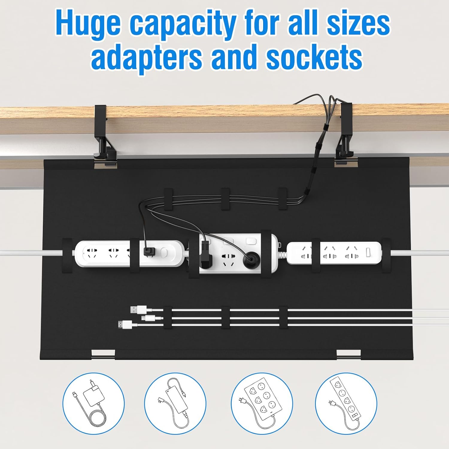 No Drill Under Desk Cable Management Tray, 36" Cord Management Tray with Cable Loop, Upgraded Oxford Fabric Wire Management for Standing Desk - No Damage to Table