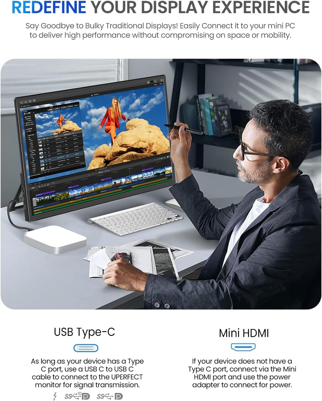 UPERFECT 21.5” 120HZ Portable Monitor w/Kickstand & VESA, Large Portable Gaming Monitor with HDMI Type C, External Dispaly for Laptops, Steamdeck, MacBook, Phones, Mini PC