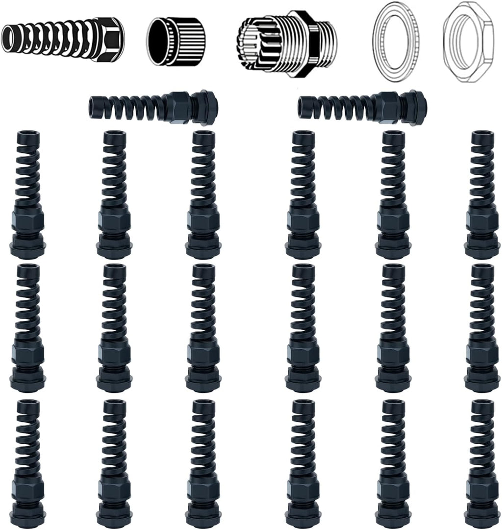 10 Pack Black Nylon Cable Gland, NPT 1/2" Thread, Made of PA66 Material, High Wear Resistance and Chemical Resistance (Black, PG9(20Pcs))