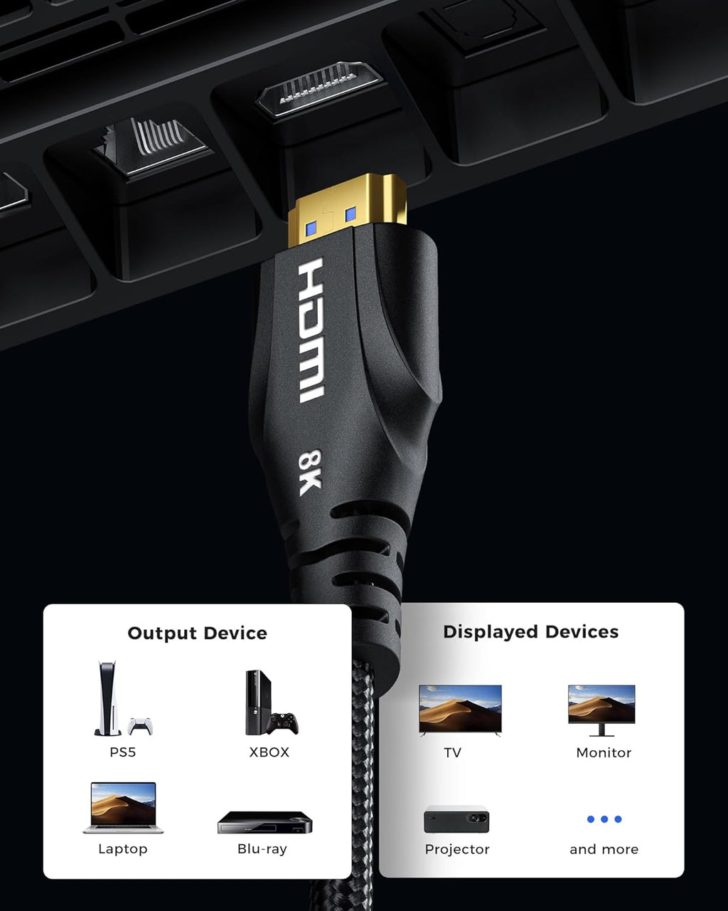 HDMI Cable 20FT Long - 8K HDMI 48Gbps High-Speed HDMI Braided,8K 60Hz 4K120Hz,HDCP 2.2&2.3, HDMI Cord Compatible with TV/PS4 /PS5