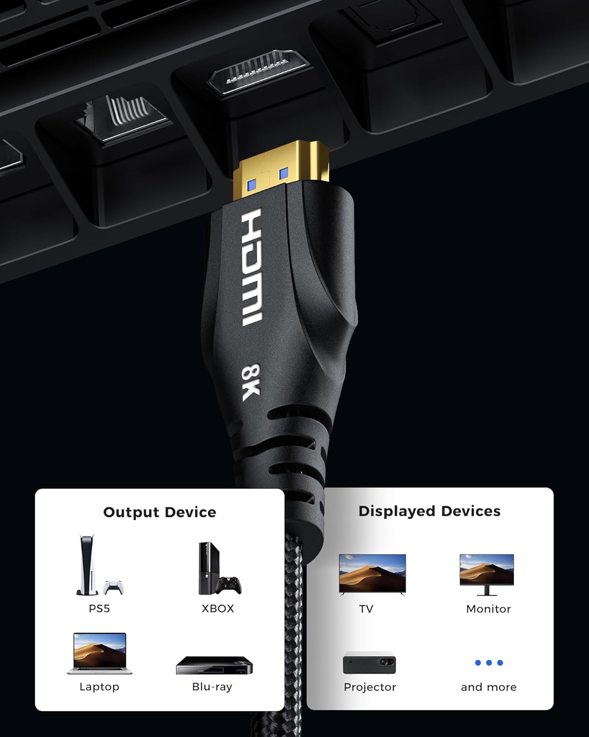 HDMI Cable 20FT Long - 8K HDMI 48Gbps High-Speed HDMI Braided,8K 60Hz 4K120Hz,HDCP 2.2&2.3, HDMI Cord Compatible with TV/PS4 /PS5
