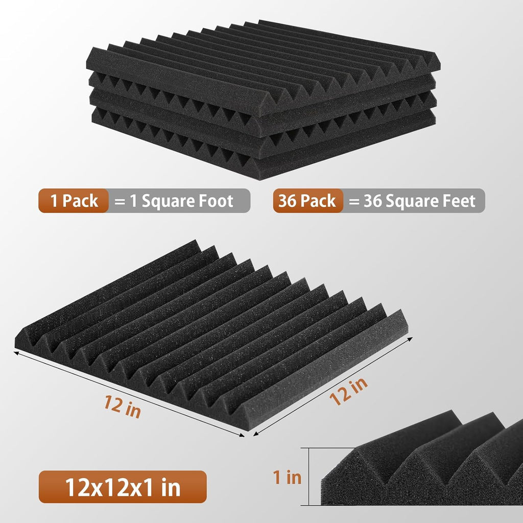 36 Pack Acoustic Foam Panels with Self Adhesive 12" X 12" X 1" Sound Proof Foam Panels for Walls High Density Wedge Soundproof Wall Panels for Studio Office Gaming Room