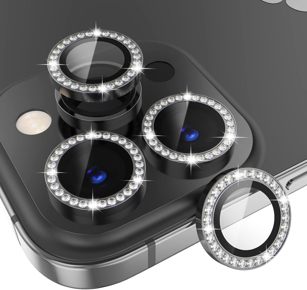 Choiche [3+1 for iPhone 14 Pro/iPhone 14 Pro Max Camera Lens Protector Bling, 9H Tempered Glass Camera Cover Screen Protector Metal Ring Decoration Accessories (Diamond-Black)