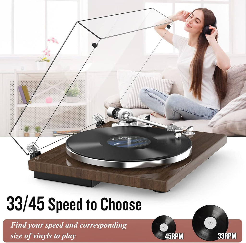 Turntable Record Player Wireless Output Vinyl Players Aluminium Platter and Tonearm Belt-Drive LP Turntables 33 45 RPM Phono Audio AT-3600L MM Cartridge RCA Line USB Digital to PC Recording Dark Brown