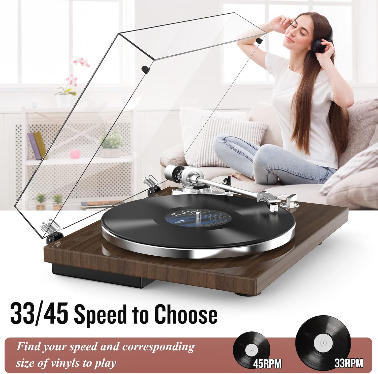 Turntable Record Player Wireless Output Vinyl Players Aluminium Platter and Tonearm Belt-Drive LP Turntables 33 45 RPM Phono Audio AT-3600L MM Cartridge RCA Line USB Digital to PC Recording Dark Brown