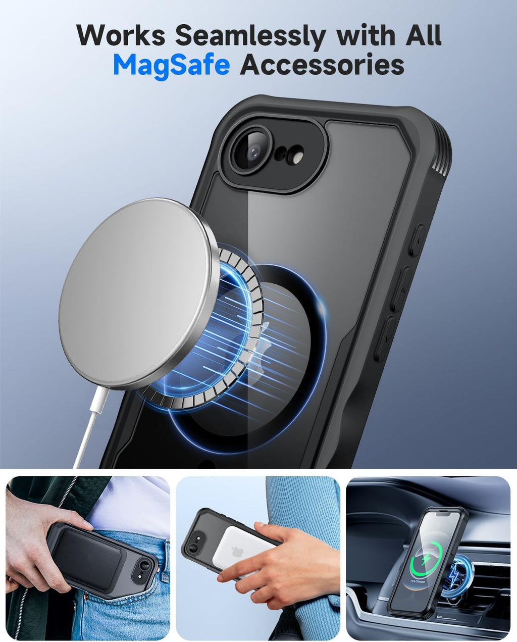 seacosmo for iPhone 16e Case, Full Body Bumper with Built-in 9H Tempered Glass Privacy Screen Protector and Camera Lens Protection, Compatible with MagSafe, Shockproof 16 e Phone Case, 6.1", Black