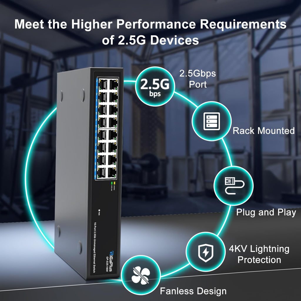 16 Ports 2.5Gb Unmanaged Ethernet Switch, 16*2.5G Base-T Ports. GiGaPlus 2.5Gbps Network Switch for 2.5Gbps NAS/PC, Wireless AP, WiFi6 Router. Plug and Play, Fanless Design.