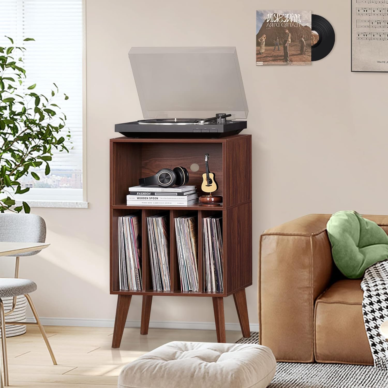Lerliuo Record Player Stand, Walnut Turntable Stand Holds up to 160 Albums, Mid-Century Vinyl Storage Cabinet Table with Solid Wood Legs, Record Player Holder Dispaly Shelf for Bedroom Living Room