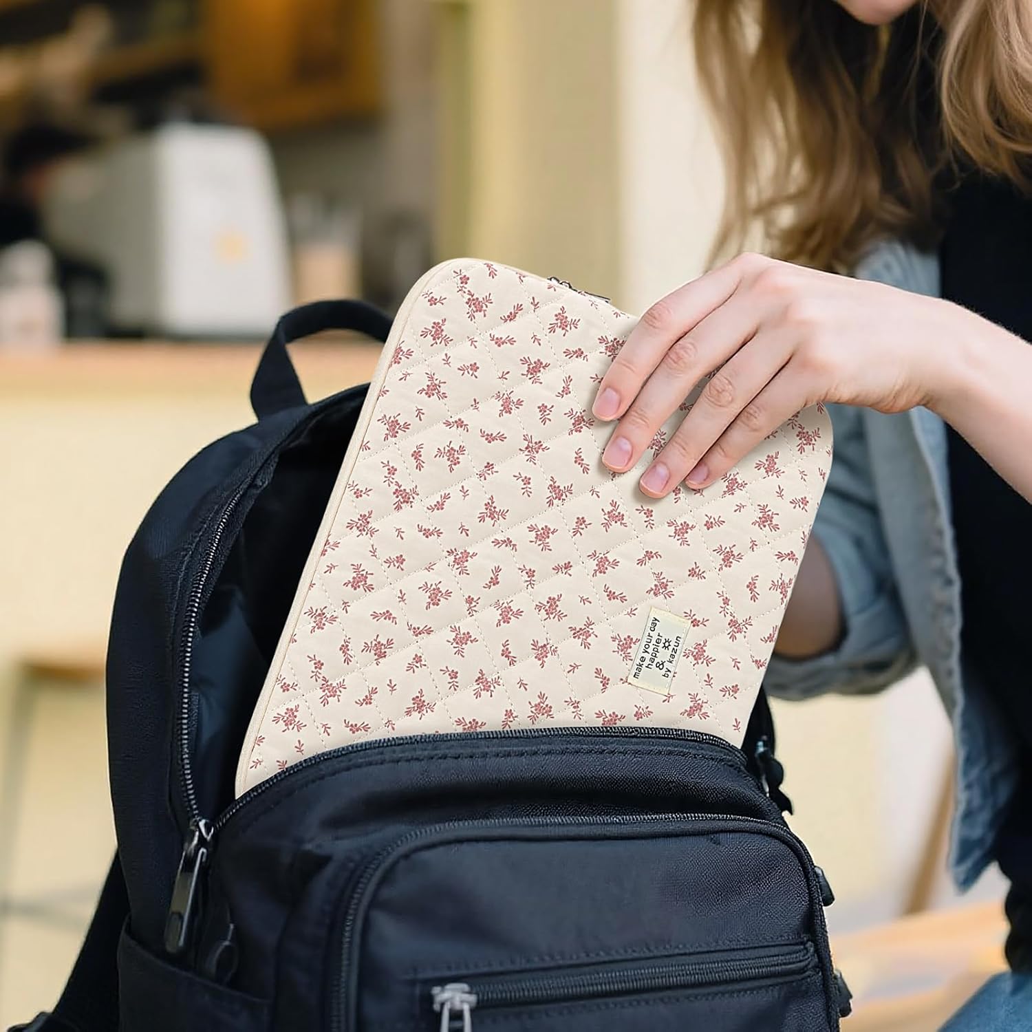 Puffy Laptop Sleeve 13-15.6 Inch Cute Quilted Laptop Protective Case Padded Floral Computer Sleeve for MacBook (A-Pink, 15 Inch)