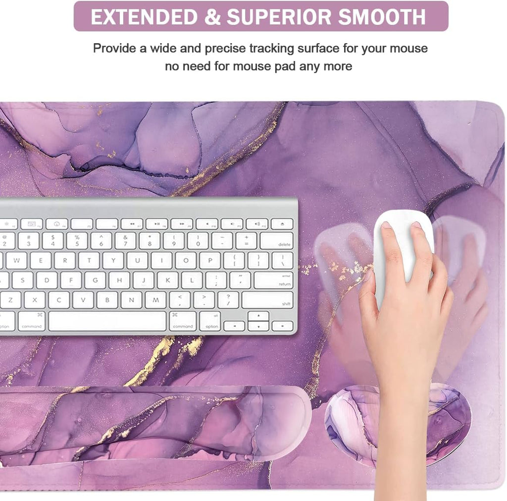 Large Mouse Pad and Keyboard Wrist Rest, Desk Pad for Keyboard and Mouse, 4-in-1 Large Gaming Mouse Pad with Wrist Support, Desk Mat for Home Office Study Game-Purple