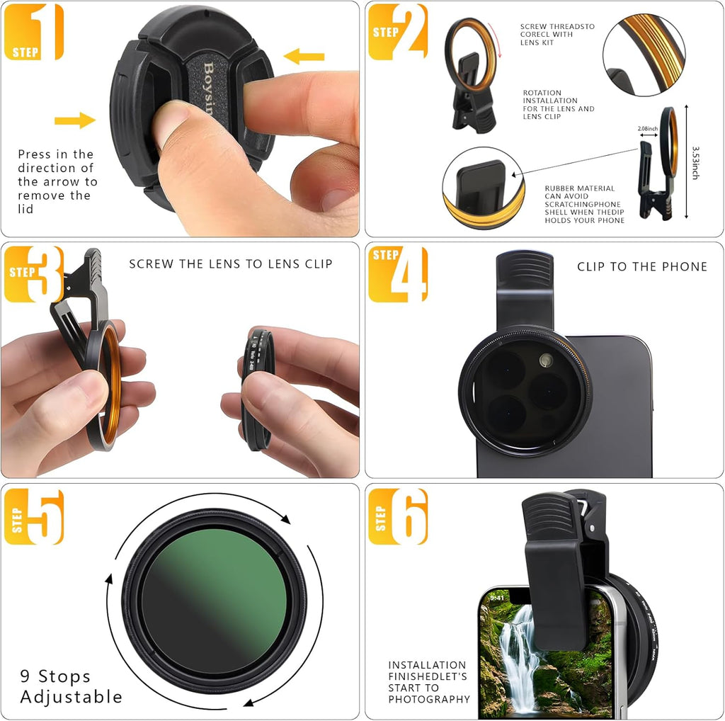 52MM Variable ND2-ND400 Filter, Ultra Slim Multi-Coated Adjustable Neutral Density Filter, Clip-on Phone Lens ND Filter Kit, Compatible for iPhone 15 14 13 12 11, Google Pixel and Other Smart Phones