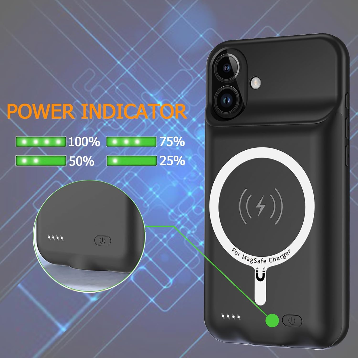 Battery Case iPhone 16 Plus, Upgraded 12000mAh Rechargeable Portable Extended Battery Pack Supported Qi Wireless Charging Case Compatible with iPhone 16 Plus (6.7 inch) Charger Case Power Bank (Black)