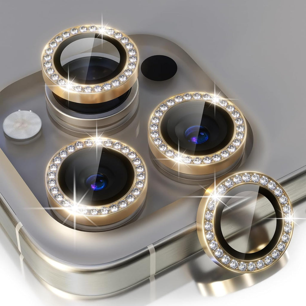 Choiche Compatible for iPhone 15 Pro/iPhone 15 Pro Max Camera Lens Protector Bling, 9H Tempered Glass Camera Cover Screen Protector Metal Ring Decoration Accessories (Diamond-Gold)